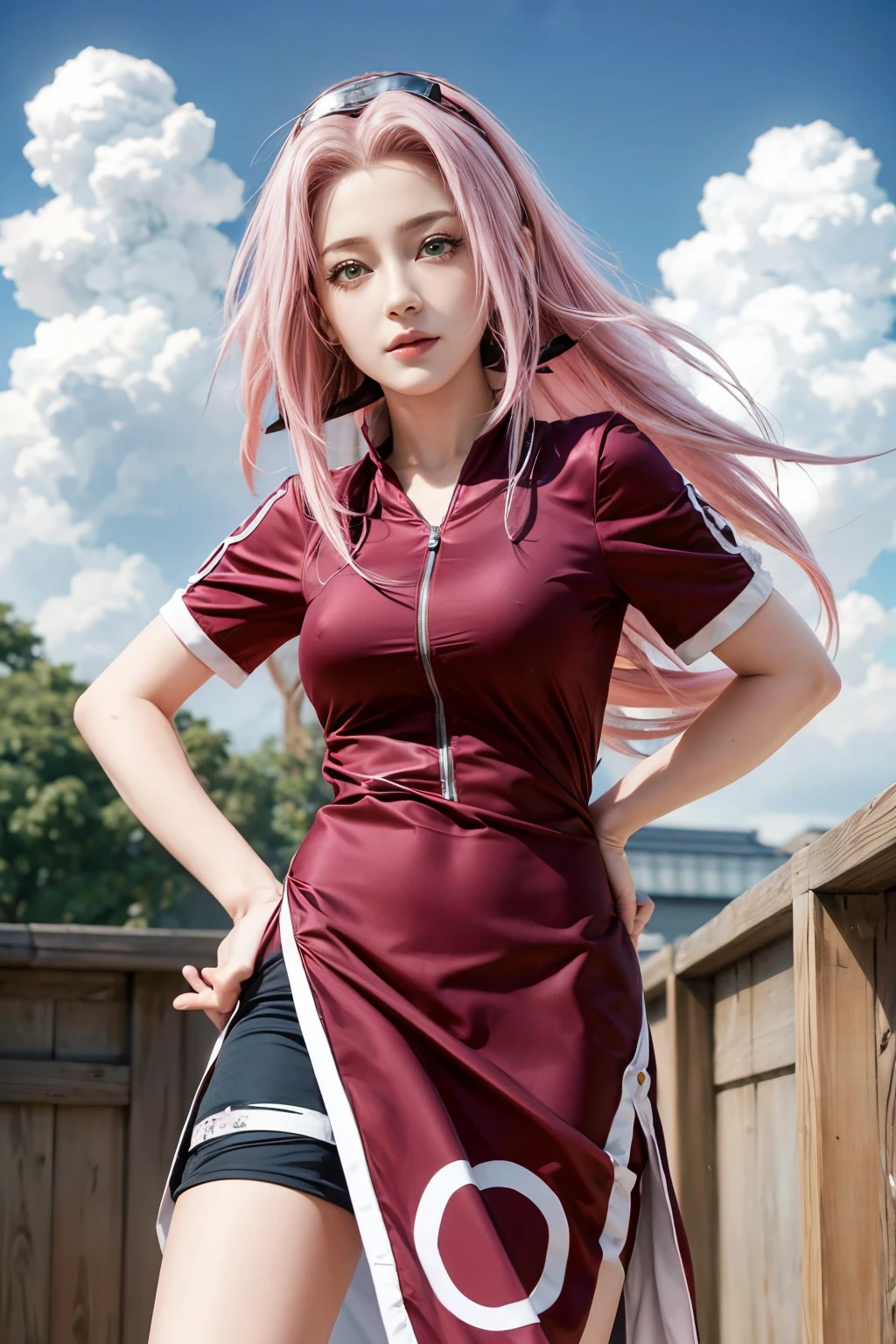 1girl,pink hair, green and purple eyes,high res,hyper realistis, ultra detail, 1girl, Haruno sakura , from anime Naruto , short hair, black hair, red eyes, smile, beautiful, sexy dress, sexy clothes, red clothes, wear red glasses, very big breast, realistic clothes, detail clothes, outdoor background, ultra detail, realistic ,quality detailed ,high eyes , face realistic , full body eyes , perffect charater ,