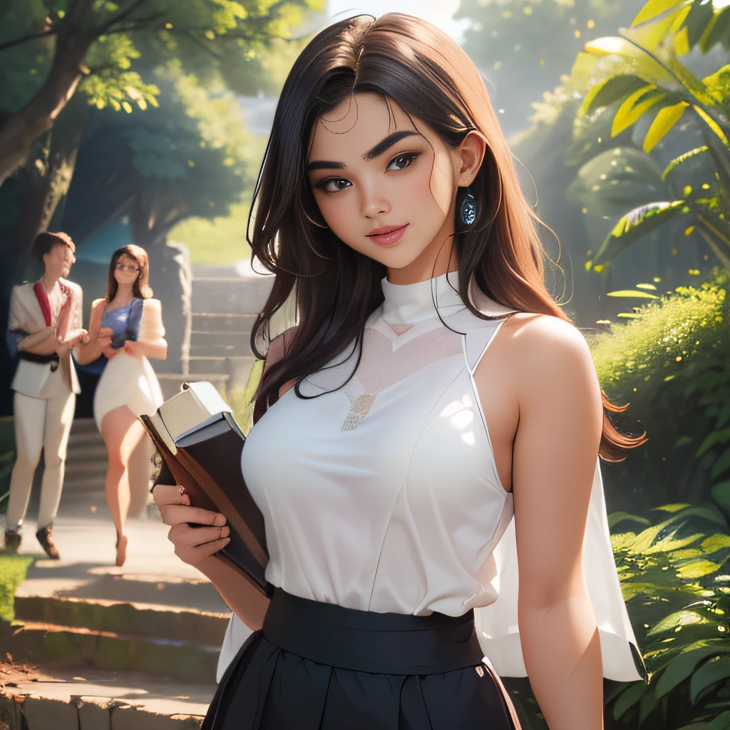 (Extremely detailed 8k wallpaper:2), (photo:2), (soigne Beautiful girl:2), (gives a lecture to friends:2), detailed (Face and eyes), (hyper realistic:1), (highly detailed:1), (epic realistic:1), rim light, (maximum details:1), cozy, (fullbody:1.3), (looking at viewer:2.0), (Woman's Attractive Qualities:2), (Attractive Woman:2), (Attractive:2), Smile, Intelligence, Empathy, Gracefulness, Sense of Style, Fitness, Grooming, Optimism, (Sensitivity:2), Sincerity, Romantic Gestures, Playfulness, Fashion Sense, (Sensuality:2), Charm, Modesty, Thoughtfulness, (Femininity:1), Flirtatiousness, Warmth, (Physical attractiveness:2), A beautiful smile, A love of life, strength and power, vulnerability, curiosity, wonder, love, (nature background:2), kawaii, waifu, Beautiful breasts, (attractive body:2), (Beautiful body:2), Beautiful pose, attractive pose, (Beautiful legs:1.0), (Beautiful clothes:1), (classic clothes:2), (elegant clothes:2), (European clothes:2), detailed clothes, (skirt:1), (blouse:1), (provocative pose)