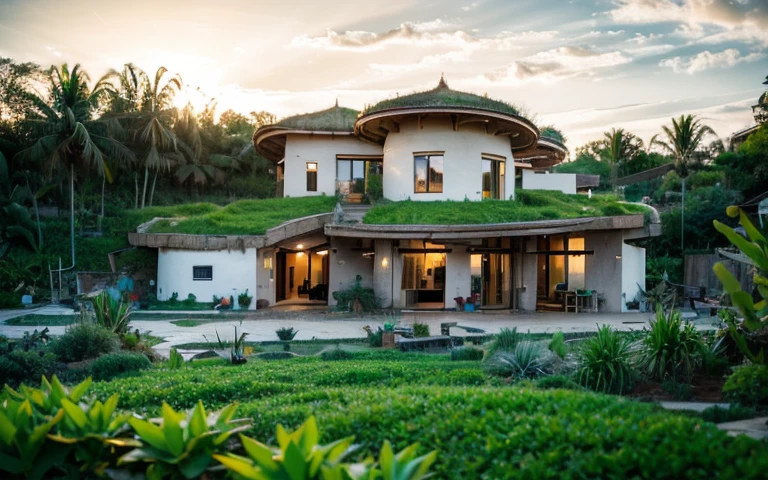A photograph of a symmetrical contemporary house with (((green roof))) and (((biological pool))) in a tropical backyard, white plaster walls (((rustic clay stucco))), ((corner walls rounded)), ((rustic clay plaster)), (((white walls with rounded corners, organic curves))), (((rustic earth plaster, mud))), (((wave-shaped green roof with wooden edge))), (((wooden roof structure, wooden rake, wooden fascia board))), eaves, porch with wooden pillar, ((roof with wooden structure)), In Bali (((Tropical garden))) , ((natural houses, organic buildings, organic architecture)), Ecovillage, sustainable architecture, Bioconstruction, solarpunk architecture, (((grass roof, green roof, green wave roof, rounded roof, vegetated roofs))), ( (green architecture)), Passive house, (((Rock Foundation))), Clear sky in the background, painful beauty, modern, imposing, green house, ((Bali Hadid Style)), super resolution, cinematic, color grading , editorial photography, photography, photo shoot, (((dramatic front eye top angle view))), O 50mm, depth of field, intricate details, natural colors, sharp focus, warm light, shutter speed 1/1000 , F/22 , White Balance, Ray Trace Reflections, Lumen Reflections, Screen Space Reflections, Diffraction Rating, Chromatic Aberration, GB Shift, Partial Lighting, Backlighting, Daylighting, Scan Lines, ambient occlusion, antialiasing, shaders, OpenGL-Shaders, GLSL-Shaders, Post-processing, post-production, shading, tone mapping, incredibly detailed and complex, hypermaximalist, elegant, hyperrealistic, super detailed, dynamic pose, Fujifilm XT3