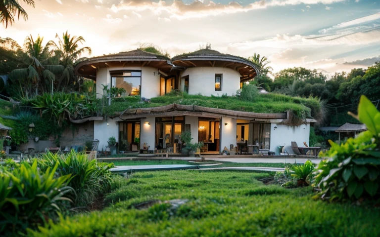 A photograph of a symmetrical contemporary house with (((green roof))) and (((biological pool))) in a tropical backyard, white plaster walls (((rustic clay stucco))), ((corner walls rounded)), ((rustic clay plaster)), (((white walls with rounded corners, organic curves))), (((rustic earth plaster, mud))), (((wave-shaped green roof with wooden edge))), (((wooden roof structure, wooden rake, wooden fascia board))), eaves, porch with wooden pillar, ((roof with wooden structure)), In Bali (((Tropical garden))) , ((natural houses, organic buildings, organic architecture)), Ecovillage, sustainable architecture, Bioconstruction, solarpunk architecture, (((grass roof, green roof, green wave roof, rounded roof, vegetated roofs))), ( (green architecture)), Passive house, (((Rock Foundation))), Clear sky in the background, painful beauty, modern, imposing, green house, ((Bali Hadid Style)), super resolution, cinematic, color grading , editorial photography, photography, photo shoot, (((dramatic front eye top angle view))), O 50mm, depth of field, intricate details, natural colors, sharp focus, warm light, shutter speed 1/1000 , F/22 , White Balance, Ray Trace Reflections, Lumen Reflections, Screen Space Reflections, Diffraction Rating, Chromatic Aberration, GB Shift, Partial Lighting, Backlighting, Daylighting, Scan Lines, ambient occlusion, antialiasing, shaders, OpenGL-Shaders, GLSL-Shaders, Post-processing, post-production, shading, tone mapping, incredibly detailed and complex, hypermaximalist, elegant, hyperrealistic, super detailed, dynamic pose, Fujifilm XT3