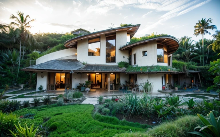 A photograph of a symmetrical contemporary house with (((green roof))) and (((biological pool))) in a tropical backyard, white plaster walls (((rustic clay stucco))), ((corner walls rounded)), ((rustic clay plaster)), (((white walls with rounded corners, organic curves))), (((rustic earth plaster, mud))), (((wave-shaped green roof with wooden edge))), (((wooden roof structure, wooden rake, wooden fascia board))), eaves, porch with wooden pillar, ((roof with wooden structure)), In Bali (((Tropical garden))) , ((natural houses, organic buildings, organic architecture)), Ecovillage, sustainable architecture, Bioconstruction, solarpunk architecture, (((grass roof, green roof, green wave roof, rounded roof, vegetated roofs))), ( (green architecture)), Passive house, (((Rock Foundation))), Clear sky in the background, painful beauty, modern, imposing, green house, ((Bali Hadid Style)), super resolution, cinematic, color grading , editorial photography, photography, photo shoot, (((dramatic front eye top angle view))), O 50mm, depth of field, intricate details, natural colors, sharp focus, warm light, shutter speed 1/1000 , F/22 , White Balance, Ray Trace Reflections, Lumen Reflections, Screen Space Reflections, Diffraction Rating, Chromatic Aberration, GB Shift, Partial Lighting, Backlighting, Daylighting, Scan Lines, ambient occlusion, antialiasing, shaders, OpenGL-Shaders, GLSL-Shaders, Post-processing, post-production, shading, tone mapping, incredibly detailed and complex, hypermaximalist, elegant, hyperrealistic, super detailed, dynamic pose, Fujifilm XT3