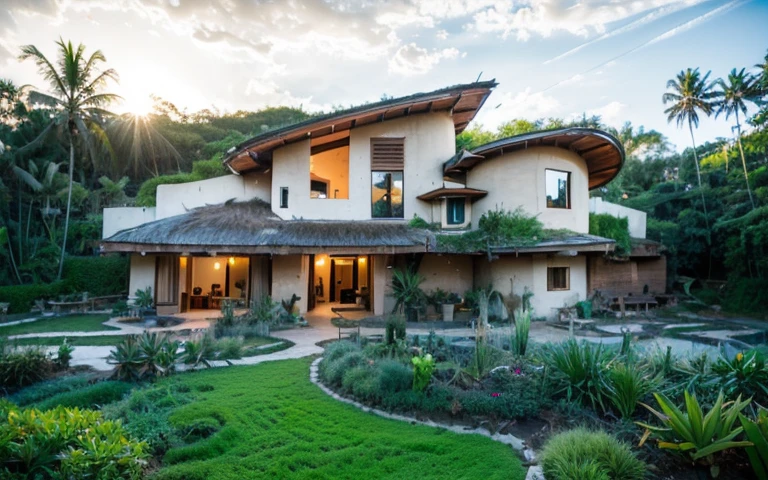 A photograph of a symmetrical contemporary house with (((green roof))) and (((biological pool))) in a tropical backyard, white plaster walls (((rustic clay stucco))), ((corner walls rounded)), ((rustic clay plaster)), (((white walls with rounded corners, organic curves))), (((rustic earth plaster, mud))), (((wave-shaped green roof with wooden edge))), (((wooden roof structure, wooden rake, wooden fascia board))), eaves, porch with wooden pillar, ((roof with wooden structure)), In Bali (((Tropical garden))) , ((natural houses, organic buildings, organic architecture)), Ecovillage, sustainable architecture, Bioconstruction, solarpunk architecture, (((grass roof, green roof, green wave roof, rounded roof, vegetated roofs))), ( (green architecture)), Passive house, (((Rock Foundation))), Clear sky in the background, painful beauty, modern, imposing, green house, ((Bali Hadid Style)), super resolution, cinematic, color grading , editorial photography, photography, photo shoot, (((dramatic front eye top angle view))), O 50mm, depth of field, intricate details, natural colors, sharp focus, warm light, shutter speed 1/1000 , F/22 , White Balance, Ray Trace Reflections, Lumen Reflections, Screen Space Reflections, Diffraction Rating, Chromatic Aberration, GB Shift, Partial Lighting, Backlighting, Daylighting, Scan Lines, ambient occlusion, antialiasing, shaders, OpenGL-Shaders, GLSL-Shaders, Post-processing, post-production, shading, tone mapping, incredibly detailed and complex, hypermaximalist, elegant, hyperrealistic, super detailed, dynamic pose, Fujifilm XT3