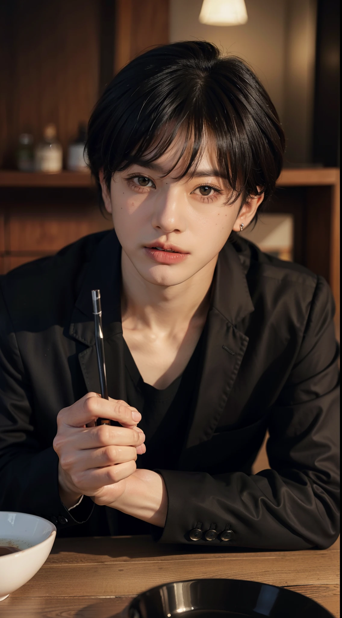 Jeon Jungkook ruivo, te terno preto, com whisky na mesa, charuto na boca, os olhos verdes e um olhar vazio.