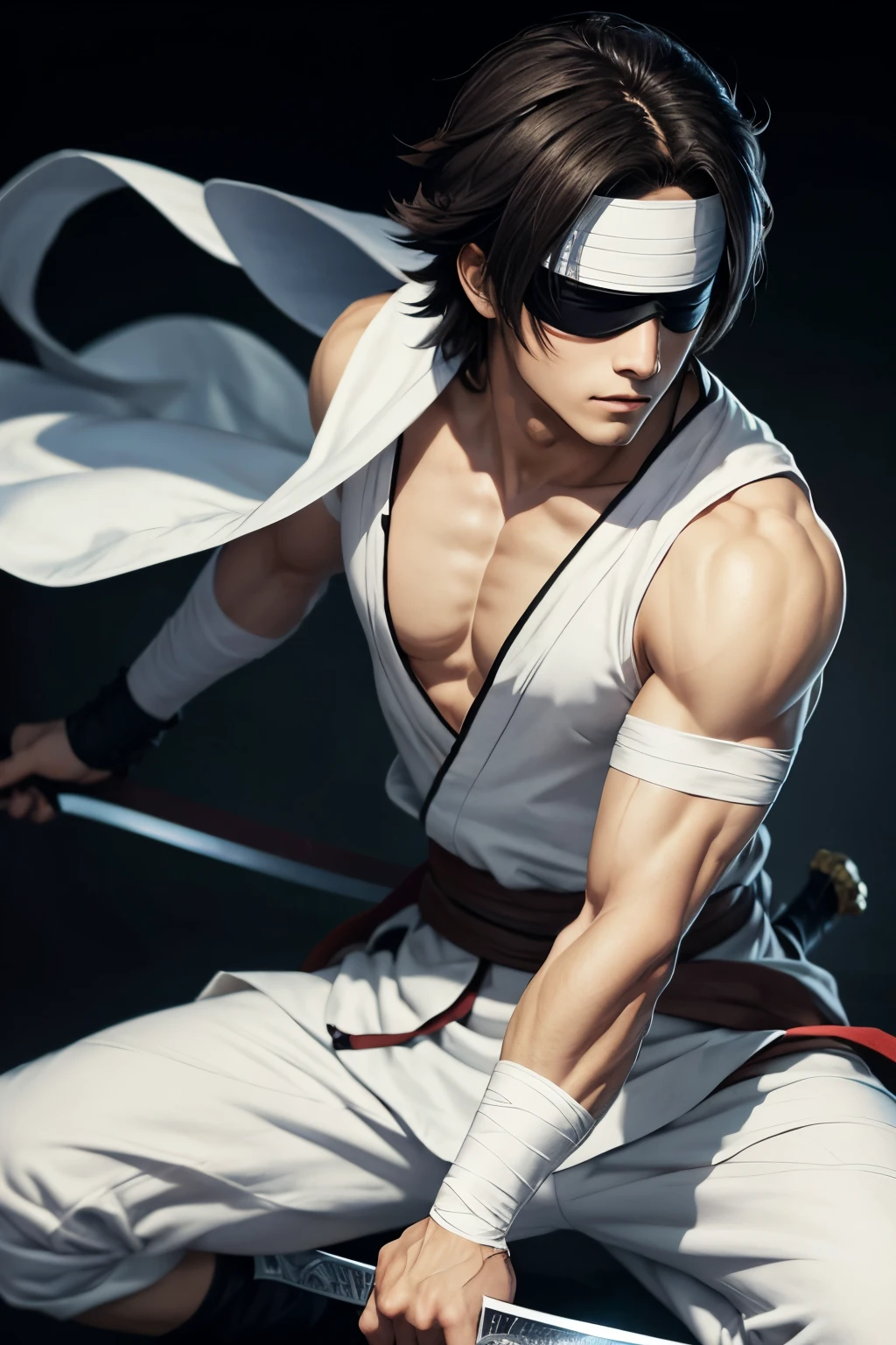 blind swordsman white bandage covering eyes, anime art style