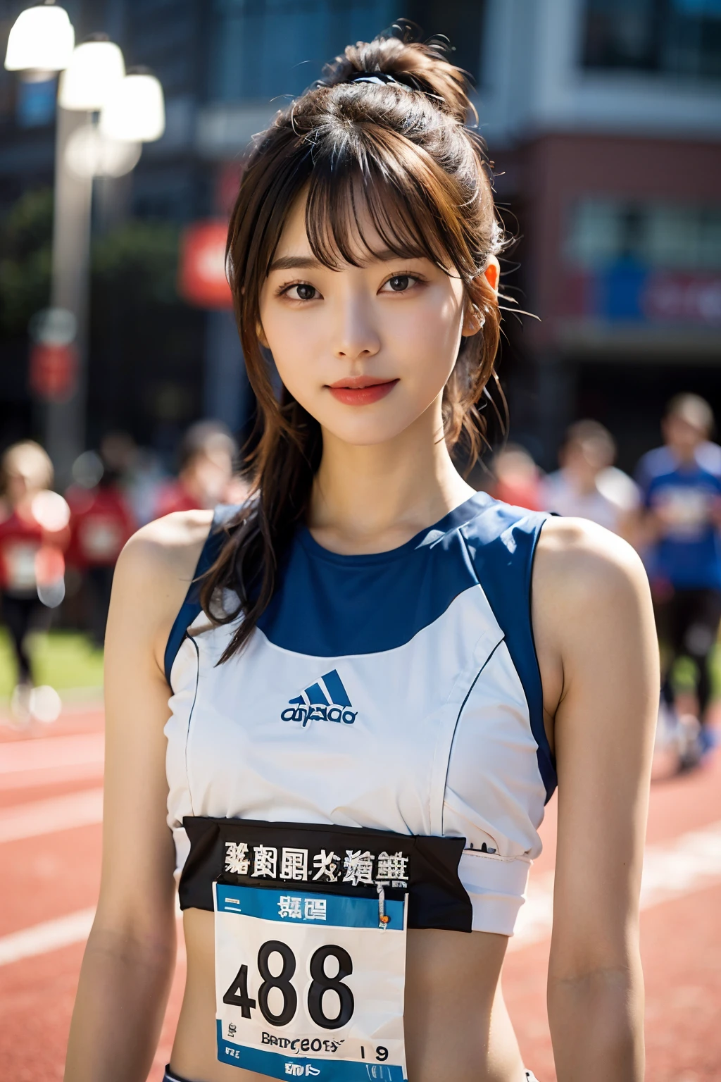 (8K、Raw photography、top-quality、masterpiece:1.2)、(realisitic、Photorealsitic:1.37)、ultra-detailliert、超A high resolution、女の子1人、see the beholder、beautifull detailed face、A smile、Constriction、(Slim waist) :1.3)、Shirts、Beautiful detailed skin、Skin Texture、Floating hair、Professional Lighting、The upper part of the body、Whole human body、Longhaire、a blond、Women's Marathon Uniforms、athletic field