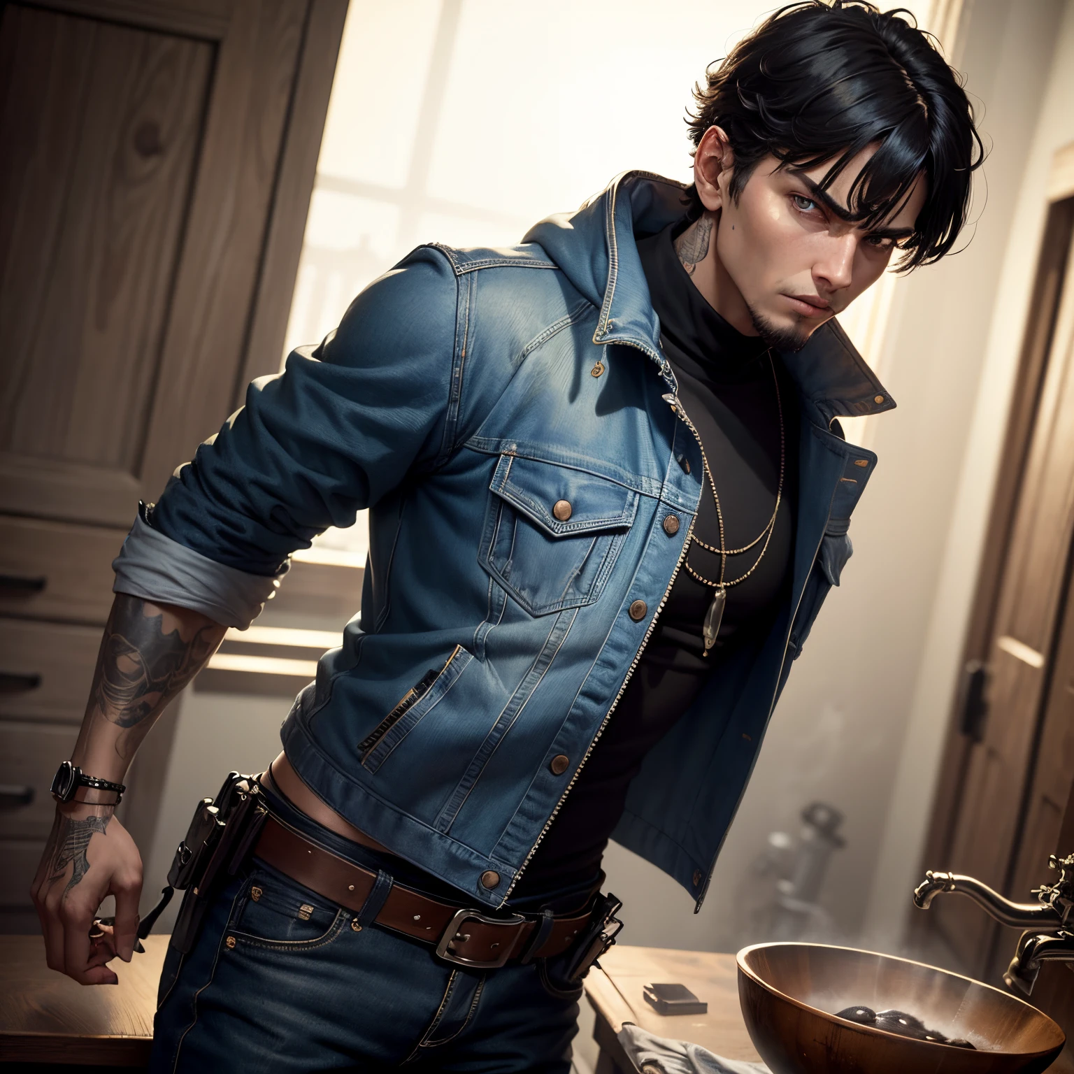 8k, masterpiece, best quality, realistic, higly detailed, cowboy shot, 1boy, solo, Fuutarou, young man, fair skin, black hair, bowl cut, two strands sticking up from the back of his head, bangs that cover his forehead, blue eyes, slim physique, tall build, tends to slouch, serious expression, scary and thuggish vibe, bad guy, Winter Clothes