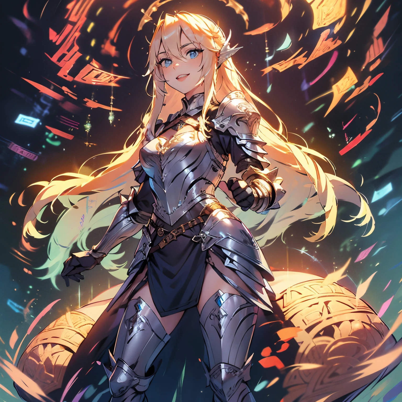 1 female, paladin, long blonde hair, blue eyes, tall, regal pose, full body, wearing armor, silver colored armor, smile, Ultra-detailed face, Highly Detailed Lips, Detailed Eyes, two legs, scar over eye