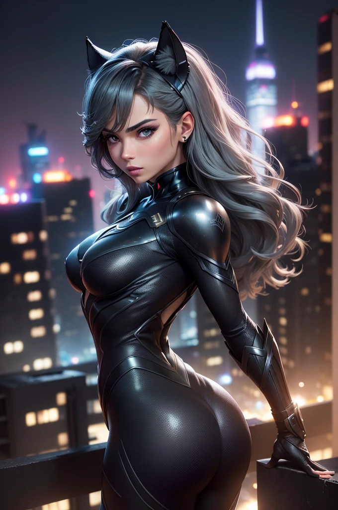 (obra maestra、4k-resolution、Un hiperrealista、ighly detallado)、(Tema Black Superheroes、carisma、Hay una mujer con un traje de neopreno sobre la ciudad、she is a superhero)、 [((25-years old)、(Pelo largo y gris:1.2)、cuerpo completo Esbian、(ojos azules:1.2)、((Catwoman Pose)、show of force、Saltar de un edificio a otro)、((Entorno urbano arenoso):0.8)|(Un paisaje urbano、Noche、dynamic light)、(luna llena)]#ilustrar:Indications are mainly ultra high definition、Muy real、Describe pinturas 4K altamente detalladas。A superheroine in a neoprene costume is pictured on top of the city。The subject of the photo is a black superhero theme。(((Vista posterior))), Disparo con objetivo gran angular, Neon lights, (((Disparando desde abajo)))