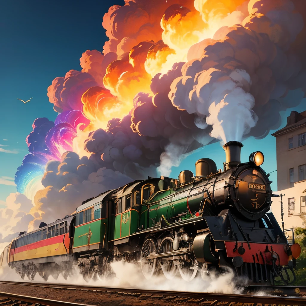 A steam locomotive, vibrant and colorful pop art, exuding a fantastical vibe. Dazzling rainbow hues cascade across the canvas, bringing depth and energy to the scene. The steam locomotive, intricately depicted with ultra-detailed precision, dominates the foreground. Its polished metal surfaces gleam, reflecting the surrounding vibrant colors. The train is adorned with stylized and exaggerated features, giving it a distinct pop art flair.
The landscape surrounding the locomotive is an explosion of vivid colors, with lush green trees and meadows painted in psychedelic shades. The sky is filled with billowing clouds, each one a vibrant swirl of color. The scene is bathed in a magical, golden light that adds an ethereal touch to the overall atmosphere.
In the background, a bustling cityscape emerges, its buildings and streets seemingly infused with the same playful energy as the locomotive. The architecture takes on surrealistic shapes, with bright splashes of color accentuating the whimsical design. The city exudes a sense of vibrancy and liveliness, bustling with fantastical characters and endless possibilities.
The artwork itself is created using a mixed media approach, combining traditional painting techniques with digital elements. This fusion creates a unique aesthetic that embodies the spirit of the pop art movement. The level of detail is astounding, capturing every intricate brushstroke and texture.
This prompt embraces the essence of pop art, transforming a traditional subject like a steam locomotive into a burst of color and energy. It captures the imagination and invites the viewer into a world where reality and fantasy collide in a vibrant explosion of creativity.