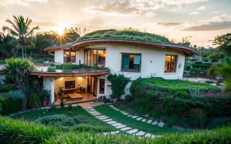 A photograph of a symmetrical contemporary house with (((green roof))) and (((biological pool))) in a tropical backyard, white plaster walls (((rustic clay stucco))), ((corner walls rounded)), ((rustic clay plaster)), (((white walls with rounded corners, organic curves))), (((rustic earth plaster, mud))), (((wave-shaped green roof with wooden edge))), (((wooden roof structure, wooden rake, wooden fascia board))), eaves, porch with wooden pillar, ((roof with wooden structure)), In Bali (((Tropical garden))) , ((natural houses, organic buildings, organic architecture)), Ecovillage, sustainable architecture, Bioconstruction, solarpunk architecture, (((grass roof, green roof, green wave roof, rounded roof, vegetated roofs))), ( (green architecture)), Passive house, (((Rock Foundation))), Clear sky in the background, painful beauty, modern, imposing, green house, ((Bali Hadid Style)), super resolution, cinematic, color grading , editorial photography, photography, photo shoot, (((dramatic front eye top angle view))), O 50mm, depth of field, intricate details, natural colors, sharp focus, warm light, shutter speed 1/1000 , F/22 , White Balance, Ray Trace Reflections, Lumen Reflections, Screen Space Reflections, Diffraction Rating, Chromatic Aberration, GB Shift, Partial Lighting, Backlighting, Daylighting, Scan Lines, ambient occlusion, antialiasing, shaders, OpenGL-Shaders, GLSL-Shaders, Post-processing, post-production, shading, tone mapping, incredibly detailed and complex, hypermaximalist, elegant, hyperrealistic, super detailed, dynamic pose, Fujifilm XT3