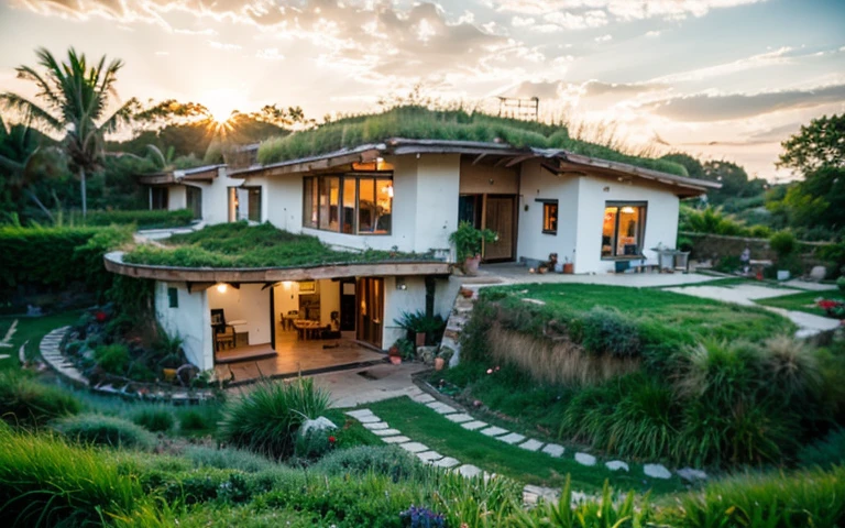 A photograph of a symmetrical contemporary house with (((green roof))) and (((biological pool))) in a tropical backyard, white plaster walls (((rustic clay stucco))), ((corner walls rounded)), ((rustic clay plaster)), (((white walls with rounded corners, organic curves))), (((rustic earth plaster, mud))), (((wave-shaped green roof with wooden edge))), (((wooden roof structure, wooden rake, wooden fascia board))), eaves, porch with wooden pillar, ((roof with wooden structure)), In Bali (((Tropical garden))) , ((natural houses, organic buildings, organic architecture)), Ecovillage, sustainable architecture, Bioconstruction, solarpunk architecture, (((grass roof, green roof, green wave roof, rounded roof, vegetated roofs))), ( (green architecture)), Passive house, (((Rock Foundation))), Clear sky in the background, painful beauty, modern, imposing, green house, ((Bali Hadid Style)), super resolution, cinematic, color grading , editorial photography, photography, photo shoot, (((dramatic front eye top angle view))), O 50mm, depth of field, intricate details, natural colors, sharp focus, warm light, shutter speed 1/1000 , F/22 , White Balance, Ray Trace Reflections, Lumen Reflections, Screen Space Reflections, Diffraction Rating, Chromatic Aberration, GB Shift, Partial Lighting, Backlighting, Daylighting, Scan Lines, ambient occlusion, antialiasing, shaders, OpenGL-Shaders, GLSL-Shaders, Post-processing, post-production, shading, tone mapping, incredibly detailed and complex, hypermaximalist, elegant, hyperrealistic, super detailed, dynamic pose, Fujifilm XT3