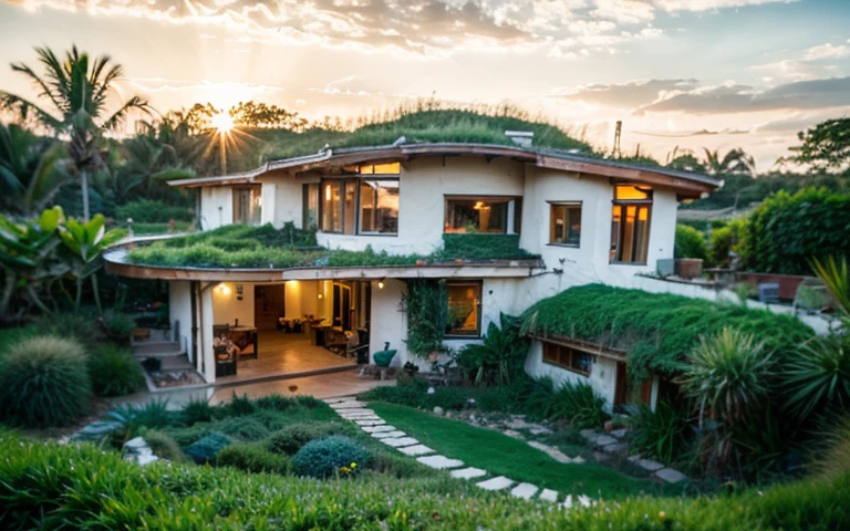 A photograph of a symmetrical contemporary house with (((green roof))) and (((biological pool))) in a tropical backyard, white plaster walls (((rustic clay stucco))), ((corner walls rounded)), ((rustic clay plaster)), (((white walls with rounded corners, organic curves))), (((rustic earth plaster, mud))), (((wave-shaped green roof with wooden edge))), (((wooden roof structure, wooden rake, wooden fascia board))), eaves, porch with wooden pillar, ((roof with wooden structure)), In Bali (((Tropical garden))) , ((natural houses, organic buildings, organic architecture)), Ecovillage, sustainable architecture, Bioconstruction, solarpunk architecture, (((grass roof, green roof, green wave roof, rounded roof, vegetated roofs))), ( (green architecture)), Passive house, (((Rock Foundation))), Clear sky in the background, painful beauty, modern, imposing, green house, ((Bali Hadid Style)), super resolution, cinematic, color grading , editorial photography, photography, photo shoot, (((dramatic front eye top angle view))), O 50mm, depth of field, intricate details, natural colors, sharp focus, warm light, shutter speed 1/1000 , F/22 , White Balance, Ray Trace Reflections, Lumen Reflections, Screen Space Reflections, Diffraction Rating, Chromatic Aberration, GB Shift, Partial Lighting, Backlighting, Daylighting, Scan Lines, ambient occlusion, antialiasing, shaders, OpenGL-Shaders, GLSL-Shaders, Post-processing, post-production, shading, tone mapping, incredibly detailed and complex, hypermaximalist, elegant, hyperrealistic, super detailed, dynamic pose, Fujifilm XT3