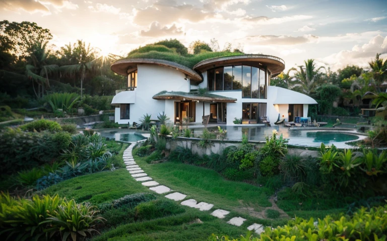 A photograph of a symmetrical contemporary house with (((green roof))) and (((biological pool))) in a tropical backyard, white plaster walls (((rustic clay stucco))), ((corner walls rounded)), ((rustic clay plaster)), (((white walls with rounded corners, organic curves))), (((rustic earth plaster, mud))), (((wave-shaped green roof with wooden edge))), (((wooden roof structure, wooden rake, wooden fascia board))), eaves, porch with wooden pillar, ((roof with wooden structure)), In Bali (((Tropical garden))) , ((natural houses, organic buildings, organic architecture)), Ecovillage, sustainable architecture, Bioconstruction, solarpunk architecture, (((grass roof, green roof, green wave roof, rounded roof, vegetated roofs))), ( (green architecture)), Passive house, (((Rock Foundation))), Clear sky in the background, painful beauty, modern, imposing, green house, ((Bali Hadid Style)), super resolution, cinematic, color grading , editorial photography, photography, photo shoot, (((dramatic front eye top angle view))), O 50mm, depth of field, intricate details, natural colors, sharp focus, warm light, shutter speed 1/1000 , F/22 , White Balance, Ray Trace Reflections, Lumen Reflections, Screen Space Reflections, Diffraction Rating, Chromatic Aberration, GB Shift, Partial Lighting, Backlighting, Daylighting, Scan Lines, ambient occlusion, antialiasing, shaders, OpenGL-Shaders, GLSL-Shaders, Post-processing, post-production, shading, tone mapping, incredibly detailed and complex, hypermaximalist, elegant, hyperrealistic, super detailed, dynamic pose, Fujifilm XT3