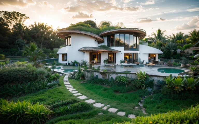 A photograph of a symmetrical contemporary house with (((green roof))) and (((biological pool))) in a tropical backyard, white plaster walls (((rustic clay stucco))), ((corner walls rounded)), ((rustic clay plaster)), (((white walls with rounded corners, organic curves))), (((rustic earth plaster, mud))), (((wave-shaped green roof with wooden edge))), (((wooden roof structure, wooden rake, wooden fascia board))), eaves, porch with wooden pillar, ((roof with wooden structure)), In Bali (((Tropical garden))) , ((natural houses, organic buildings, organic architecture)), Ecovillage, sustainable architecture, Bioconstruction, solarpunk architecture, (((grass roof, green roof, green wave roof, rounded roof, vegetated roofs))), ( (green architecture)), Passive house, (((Rock Foundation))), Clear sky in the background, painful beauty, modern, imposing, green house, ((Bali Hadid Style)), super resolution, cinematic, color grading , editorial photography, photography, photo shoot, (((dramatic front eye top angle view))), O 50mm, depth of field, intricate details, natural colors, sharp focus, warm light, shutter speed 1/1000 , F/22 , White Balance, Ray Trace Reflections, Lumen Reflections, Screen Space Reflections, Diffraction Rating, Chromatic Aberration, GB Shift, Partial Lighting, Backlighting, Daylighting, Scan Lines, ambient occlusion, antialiasing, shaders, OpenGL-Shaders, GLSL-Shaders, Post-processing, post-production, shading, tone mapping, incredibly detailed and complex, hypermaximalist, elegant, hyperrealistic, super detailed, dynamic pose, Fujifilm XT3