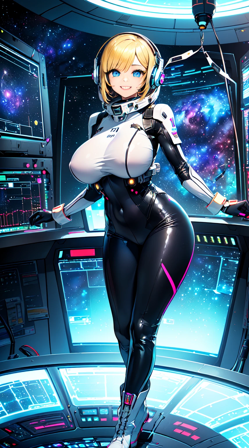masterpiece:1.4, 1girl in ((20yr old, Wearing a futuristic white and silver outfit, Tight Fit Bodysuit, long boots, Very gigantic-breasts, Multicolored blonde hair, a short bob, Perfect model body, Blue eyes:1.4, Wearing headphones, Flirting, Big smile, Looking out the window of the futuristic sci-fi space station、While admiring the beautiful galaxy:1.2, SFSF control room on night background:1.1, Neon and energetic atmosphere:1.2)) ((Galaxy)) ((Solo:1.6))
