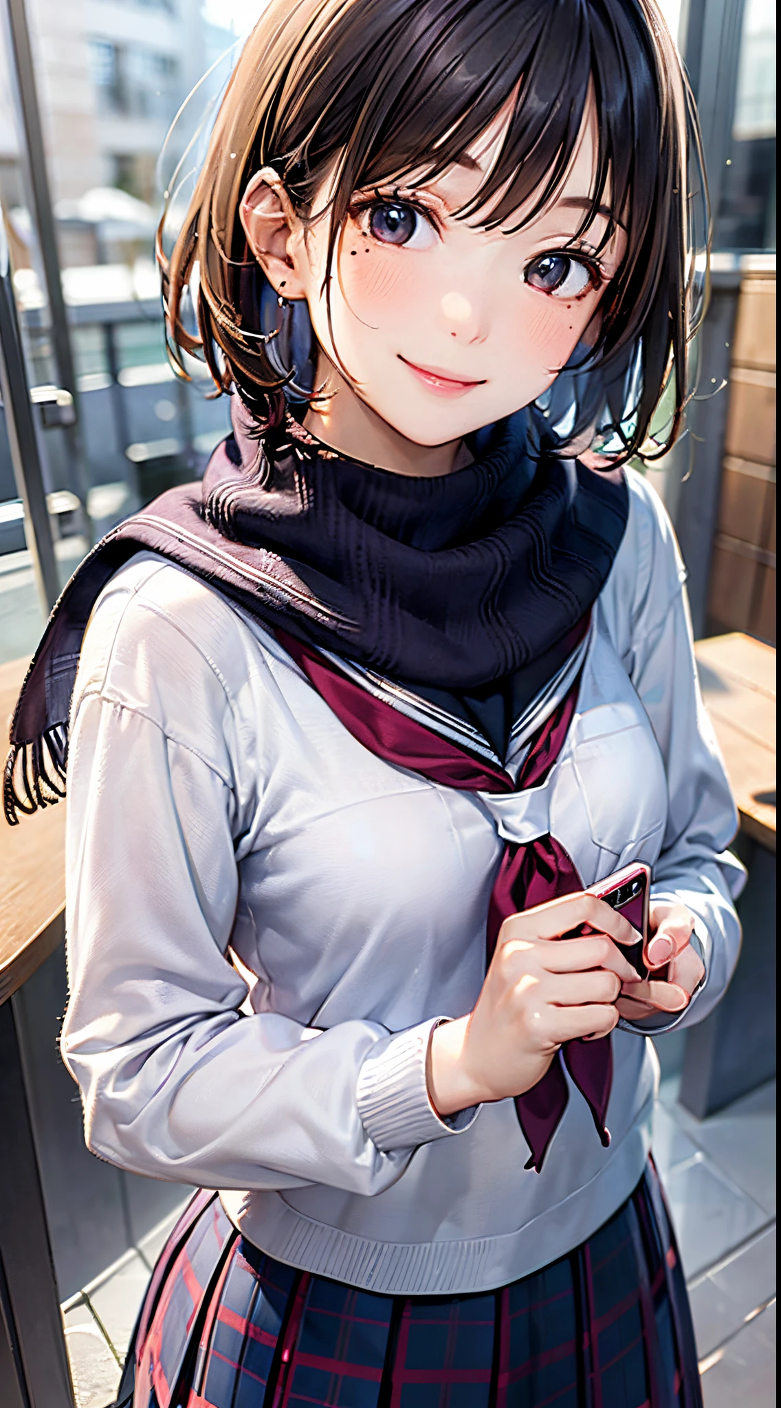 ((((, , perfect anatomy, super detailed skin)))), 1 girl, japanese, 14 years old, shiny skin, large breasts:0.5, watching the view, (smile:1.5), 
beautiful hair, beautiful face, beautiful detailed eyes, (short hair:1.4, bob cut,), 
beautiful clavicle, beautiful body, beautiful chest, beautiful thigh, beautiful legs, babyface, , , mole under eye, 
((cute school uniform, long sleeves, pleated skirt, sailor collar, scarf)), extremely sexy, seductive thighs, white panties, 
(beautiful scenery), winter, evening, hokkaido, sapporo, outdoors, snow, snowfall:1.5, freezing weather, frost, walking, holding a phone, 
(8k, top-quality, masterpiece​:1.2, extremely detailed, , ), (photorealistic), beautiful illustration, cinematic lighting,