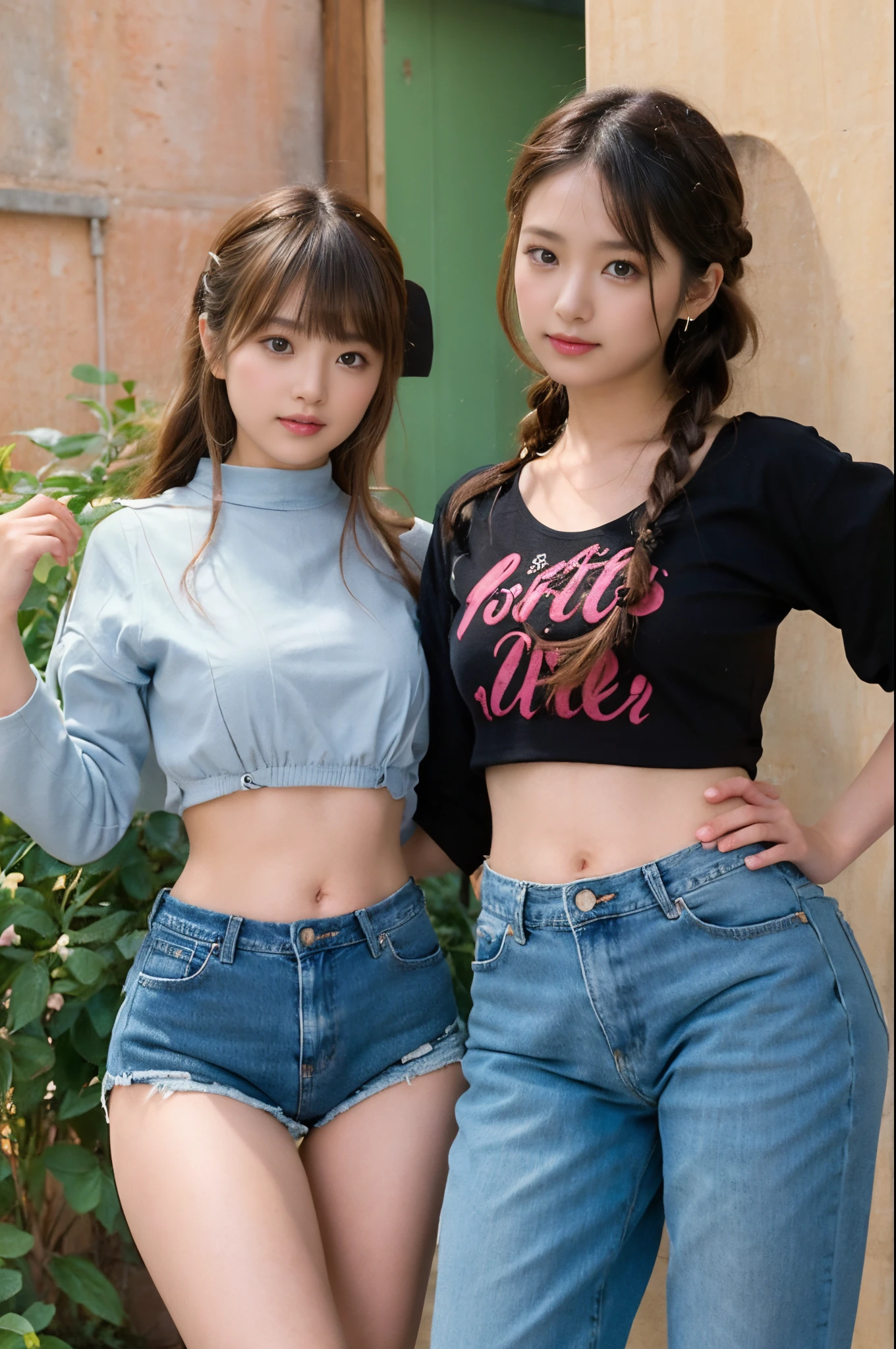 The proportions are the same for all races, All faces and pictures must be different,(ulzzang-6500-v1.3,pureeroface_v1,octane rendering),elegant pose,xxmix girl women, High level of image quality、Like a shot with an SLR、Super detailed illustration of two women, Duo,sisterhood ,sitted,Petting the,closeup portrait,hugs,strabismus:1.4,Depicting the eternal beauty and spirit of two women in 1990. they have a braided hairstyle as used to be in the 80's with lots of thin braids. They wore low-rise jeans and crop tops, 90s clothes. environment in the 1990s, Ms. Schiffer&#39;s work. _电影灯光_v2