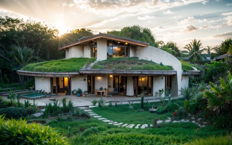 A photograph of a symmetrical contemporary house with (((green roof))) and (((biological pool))) in a tropical backyard, white plaster walls (((rustic clay stucco))), ((corner walls rounded)), ((rustic clay plaster)), (((white walls with rounded corners, organic curves))), (((rustic earth plaster, mud))), (((wave-shaped green roof with wooden edge))), (((wooden roof structure, wooden rake, wooden fascia board))), eaves, porch with wooden pillar, ((roof with wooden structure)), In Bali (((Tropical garden))) , ((natural houses, organic buildings, organic architecture)), Ecovillage, sustainable architecture, Bioconstruction, solarpunk architecture, (((grass roof, green roof, green wave roof, rounded roof, vegetated roofs))), ( (green architecture)), Passive house, (((Rock Foundation))), Clear sky in the background, painful beauty, modern, imposing, green house, ((Bali Hadid Style)), super resolution, cinematic, color grading , editorial photography, photography, photo shoot, (((dramatic front eye top angle view))), O 50mm, depth of field, intricate details, natural colors, sharp focus, warm light, shutter speed 1/1000 , F/22 , White Balance, Ray Trace Reflections, Lumen Reflections, Screen Space Reflections, Diffraction Rating, Chromatic Aberration, GB Shift, Partial Lighting, Backlighting, Daylighting, Scan Lines, ambient occlusion, antialiasing, shaders, OpenGL-Shaders, GLSL-Shaders, Post-processing, post-production, shading, tone mapping, incredibly detailed and complex, hypermaximalist, elegant, hyperrealistic, super detailed, dynamic pose, Fujifilm XT3