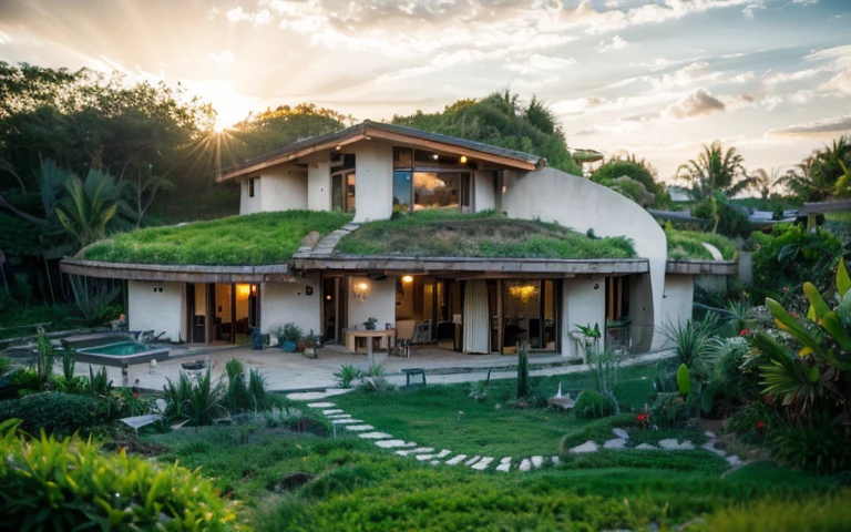 A photograph of a symmetrical contemporary house with (((green roof))) and (((biological pool))) in a tropical backyard, white plaster walls (((rustic clay stucco))), ((corner walls rounded)), ((rustic clay plaster)), (((white walls with rounded corners, organic curves))), (((rustic earth plaster, mud))), (((wave-shaped green roof with wooden edge))), (((wooden roof structure, wooden rake, wooden fascia board))), eaves, porch with wooden pillar, ((roof with wooden structure)), In Bali (((Tropical garden))) , ((natural houses, organic buildings, organic architecture)), Ecovillage, sustainable architecture, Bioconstruction, solarpunk architecture, (((grass roof, green roof, green wave roof, rounded roof, vegetated roofs))), ( (green architecture)), Passive house, (((Rock Foundation))), Clear sky in the background, painful beauty, modern, imposing, green house, ((Bali Hadid Style)), super resolution, cinematic, color grading , editorial photography, photography, photo shoot, (((dramatic front eye top angle view))), O 50mm, depth of field, intricate details, natural colors, sharp focus, warm light, shutter speed 1/1000 , F/22 , White Balance, Ray Trace Reflections, Lumen Reflections, Screen Space Reflections, Diffraction Rating, Chromatic Aberration, GB Shift, Partial Lighting, Backlighting, Daylighting, Scan Lines, ambient occlusion, antialiasing, shaders, OpenGL-Shaders, GLSL-Shaders, Post-processing, post-production, shading, tone mapping, incredibly detailed and complex, hypermaximalist, elegant, hyperrealistic, super detailed, dynamic pose, Fujifilm XT3
