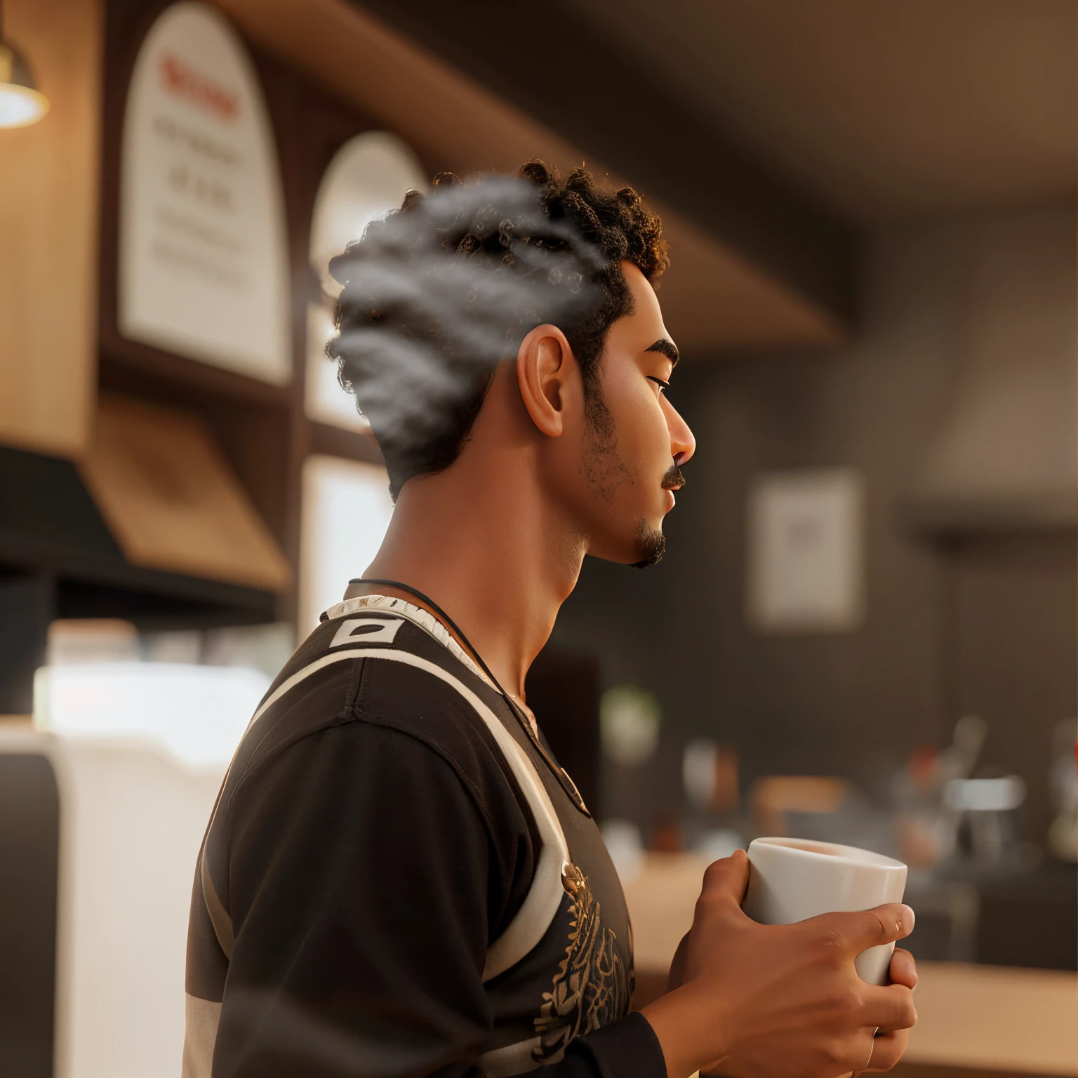 man holding a cup of coffee, pele negra clara, curly hair, Fundo do quintal