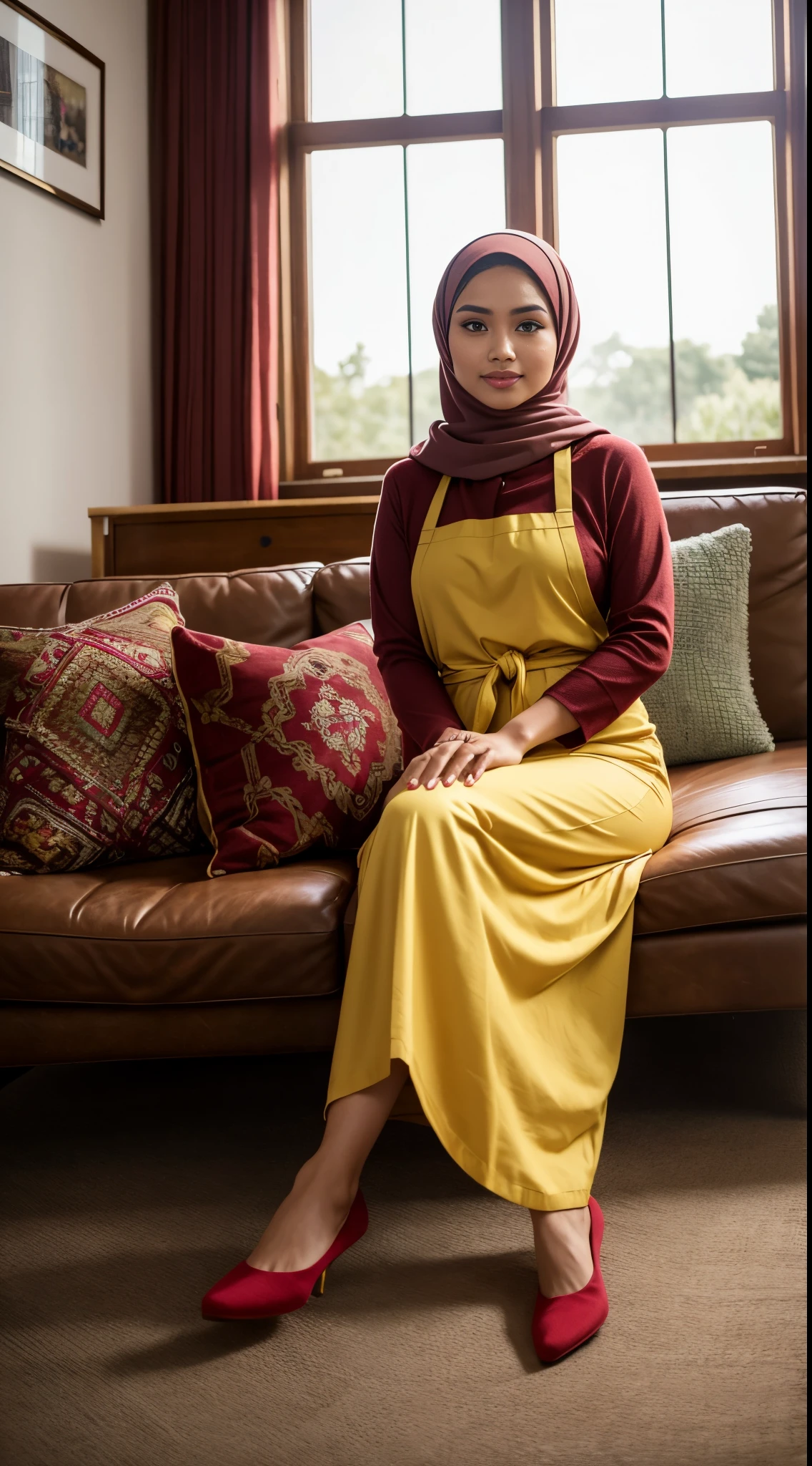RAW, Best quality, high resolution, masterpiece: 1.3), beautiful Malay woman in hijab (iu:0.8)1beautiful Malay womanRAW, Best quality, high resolution, masterpiece: 1.3), beautiful Malay woman in hijab (iu:0.8),1beautiful Malay woman,wearing red sweater, yellow apron, green pants, red flats, looking at viewer, serious, happy, indoors,living room, sitting on couch, legs crossed, soft lighting, extreme detail, hdr,