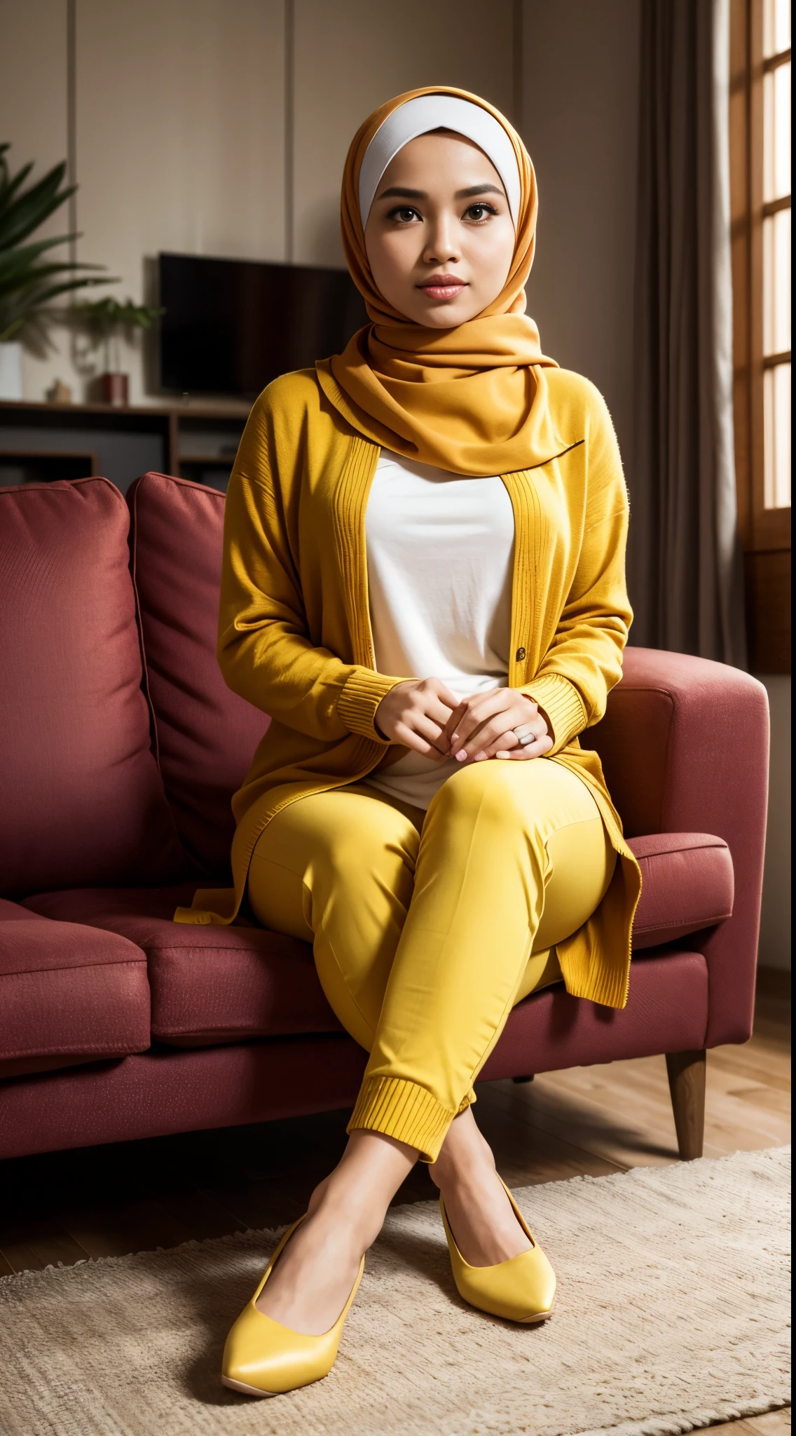 RAW, Best quality, high resolution, masterpiece: 1.3), beautiful Malay woman in hijab (iu:0.8)1beautiful Malay womanRAW, Best quality, high resolution, masterpiece: 1.3), beautiful Malay woman in hijab (iu:0.8),1beautiful Malay woman,wearing red sweater, yellow apron, green pants, red flats, looking at viewer, serious, happy, indoors,living room, sitting on couch, legs crossed, soft lighting, extreme detail, hdr,