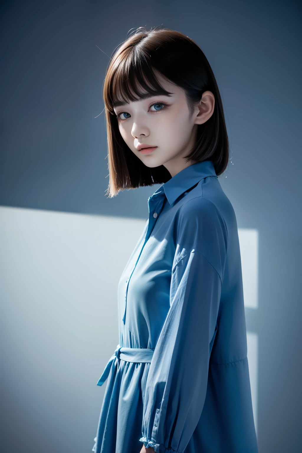 (((horizon blue world:1.3)))、Best Quality, masutepiece, High resolution, (((1girl in))), ,(((i horizon blue:1.3)))、horizon blue dress、((horizon blue shirt:1.3、horizon blue color block dress)), Tindall Effect, Realistic, Shadow Studio,Ultramarine Lighting, dual-tone lighting, (High Detail Skins: 1.2)、Pale colored lighting、Dark lighting、 Digital SLR, Photo, High resolution, 4K, 8K, Background blur,Fade out beautifully、horizon blue world