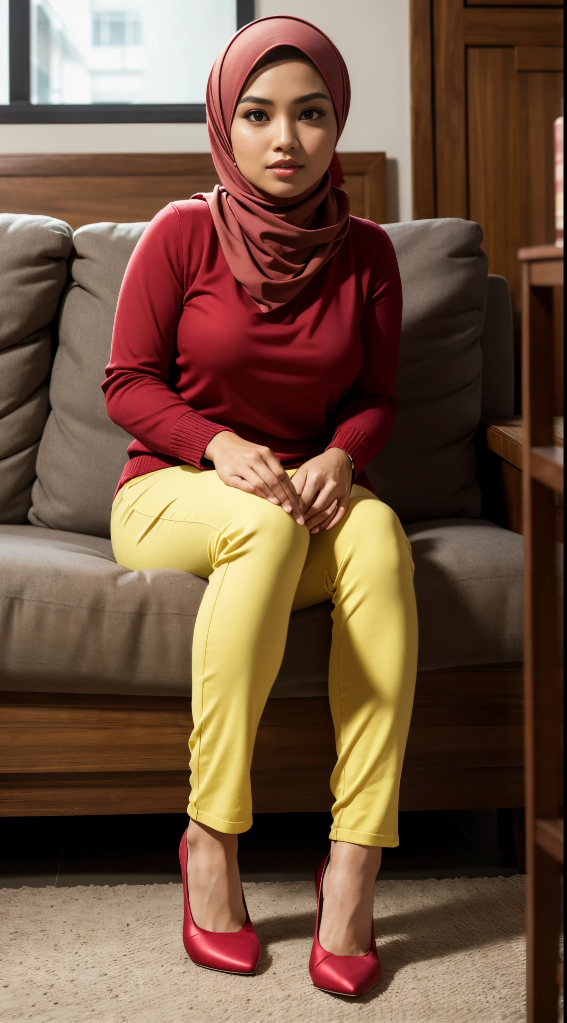 RAW, Best quality, high resolution, masterpiece: 1.3), beautiful Malay woman in hijab (iu:0.8)1beautiful  Malay womanRAW, Best quality, high resolution, masterpiece: 1.3), beautiful Malay woman in hijab (iu:0.8),1beautiful Malay woman,wearing red sweater, yellow apron, green pants, red flats, looking at viewer, serious, happy, indoors,living room, sitting on couch, legs crossed, soft lighting, extreme detail, hdr,