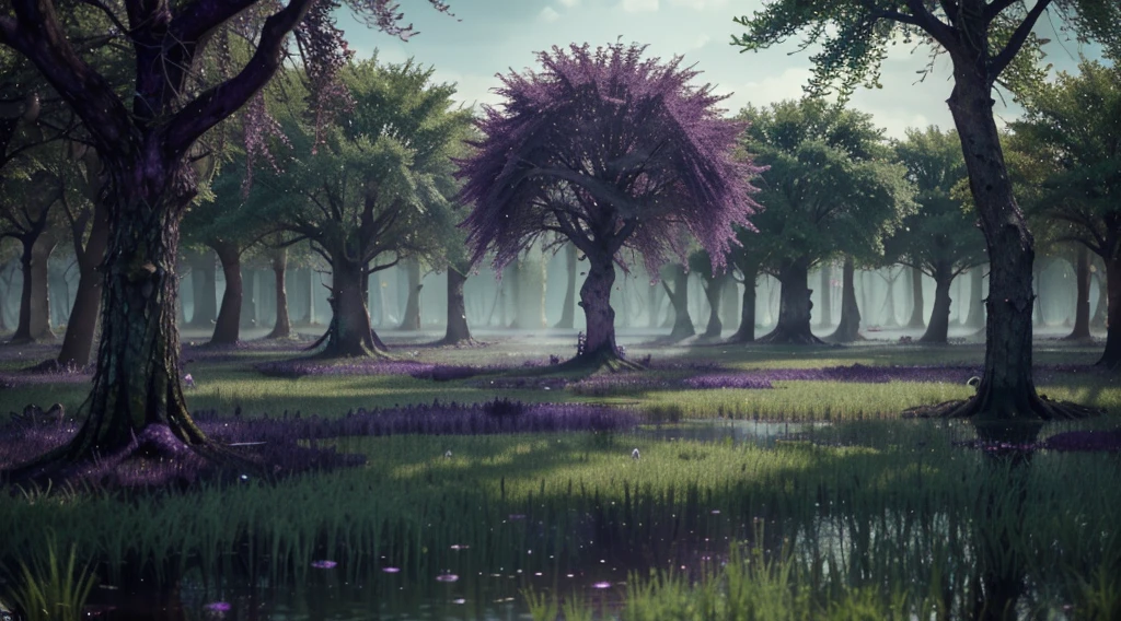 Hell's mystic mossy Swamp, waters contaminated with purple slimes and purple crystals on the ground and several trees glowing green and purple all over the swamp, hdr, 8k, 4k, 16:9, masterpiece, huge detailed, artstation