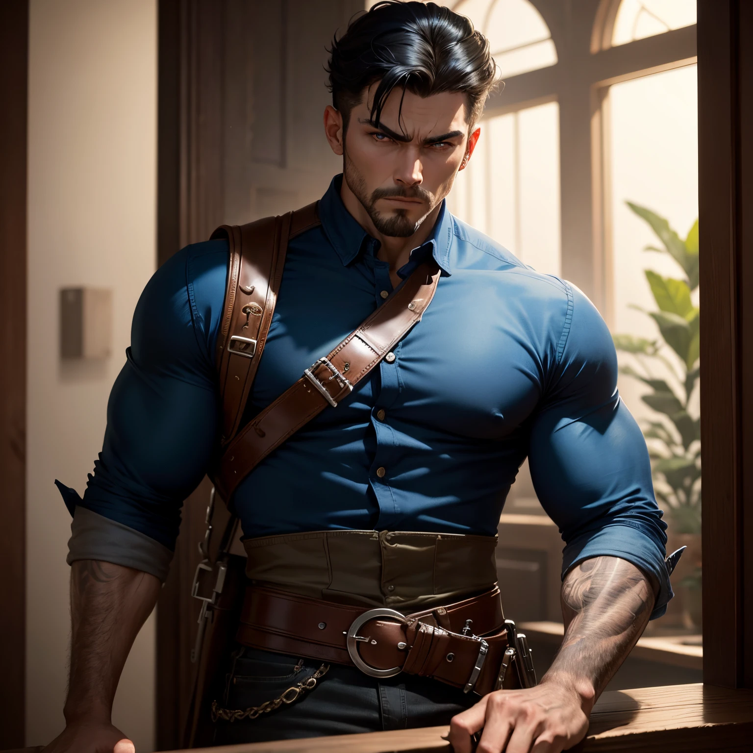 8k, masterpiece, best quality, realistic, higly detailed, cowboy shot, 1boy, solo, Fuutarou, young man, fair skin, black hair, bowl cut, two strands sticking up from the back of his head, bangs that cover his forehead, blue eyes, slim physique, tall build, tends to slouch, serious expression, scary and thuggish vibe, bad guy, Archer