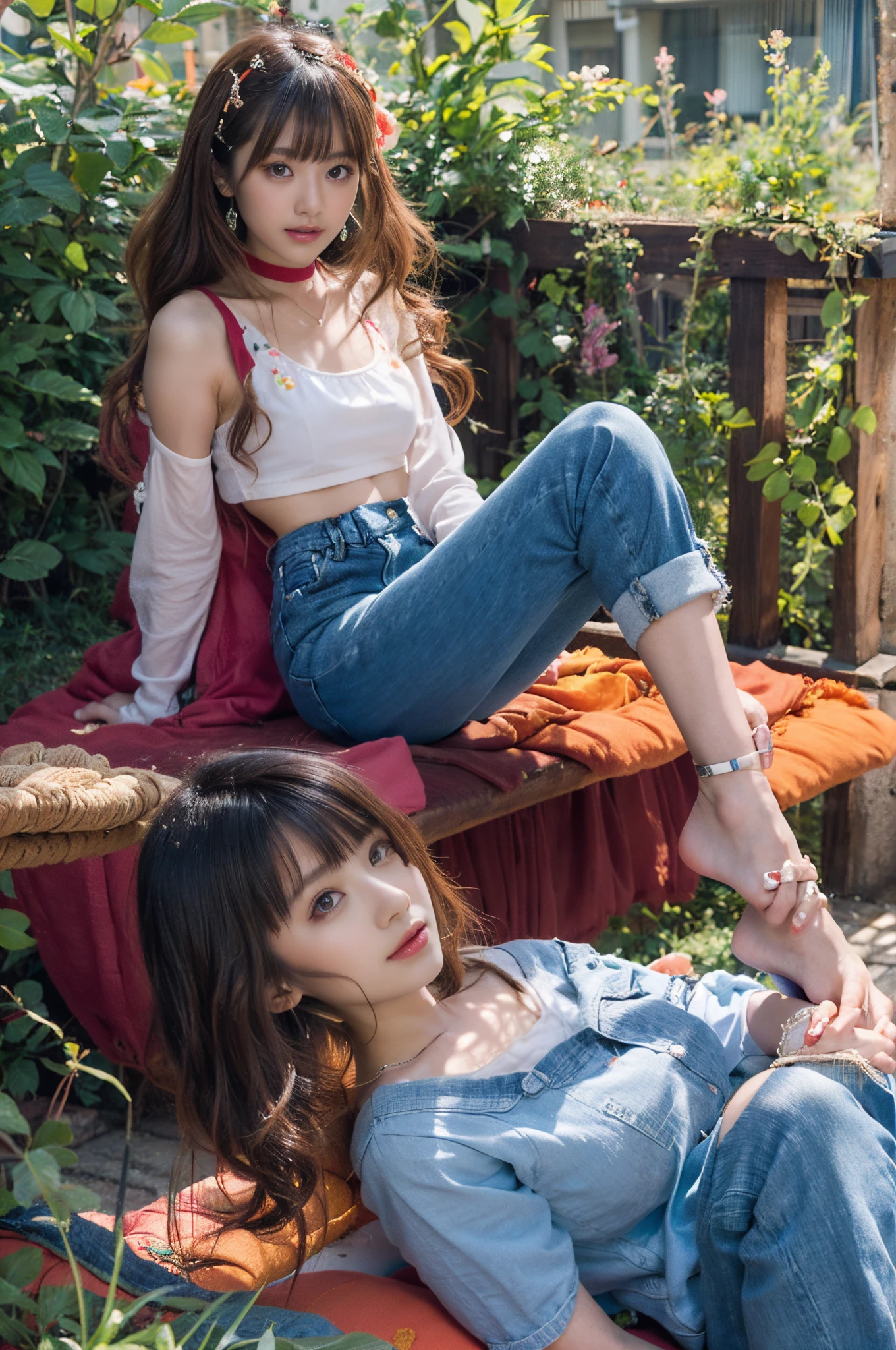 The proportions are the same for all races, All faces and pictures must be different,(ulzzang-6500-v1.3,pureeroface_v1,octane rendering),elegant pose,xxmix girl women, High level of image quality、Like a shot with an SLR、Super detailed illustration of two women, Duo,sisterhood ,sitted,Petting the,closeup portrait,hugs,strabismus:1.4,Depicting the eternal beauty and spirit of two women in 1990. they have a braided hairstyle as used to be in the 80's with lots of thin braids. They wore low-rise jeans and crop tops, 90s clothes. environment in the 1990s, Ms. Schiffer's work. _电影灯光_v2
