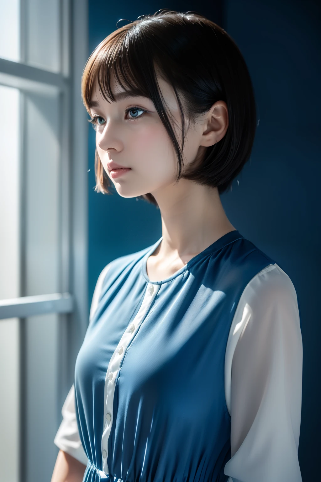 (((horizon blue world:1.3)))、Best Quality, masutepiece, High resolution, (((1girl in))), sixteen years old,(((i am horizon blue:1.3)))、horizon blue dress、Short Bob,((horizon blue shirt:1.3、horizon blue color block dress)), Tindall Effect, Realistic, Shadow Studio,Ultramarine Lighting, dual-tone lighting, (High Detail Skins: 1.2)、Pale colored lighting、Dark lighting、 Digital SLR, Photo, High resolution, 4K, 8K, Background blur,Fade out beautifully、horizon blue world