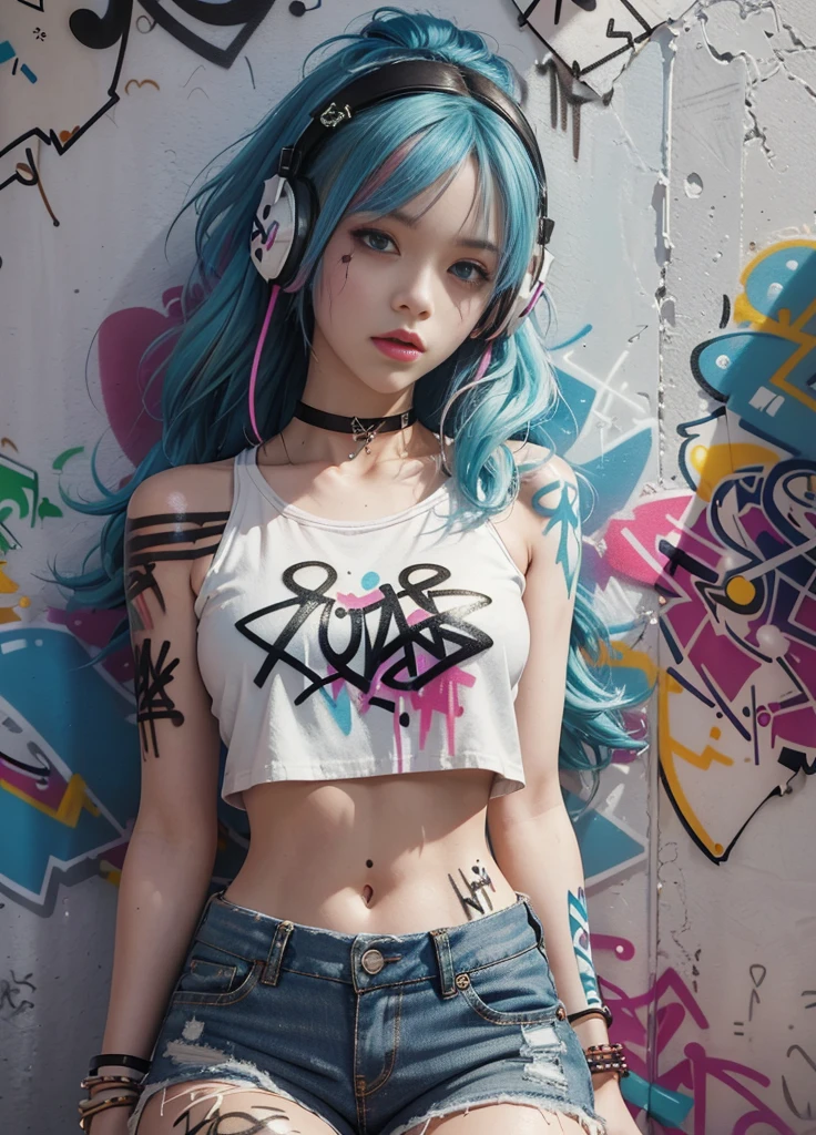 (Raw quality:1.4)、masterpiece, Highest quality, 1 Girl, solo, Crop top, (Extreme Low Rise Denim Shorts), (You can see that the raw skin 20 cm below the navel is exposed 20 cm:1.4), Little pubic hair, choker, (graffiti:1.5), Paint Splatter, Arms behind back, Hitting a wall, View your viewers, Thigh bandana, Body Paint, Head tilt, boredom, Colorful hair, Aqua Eye, headphone,