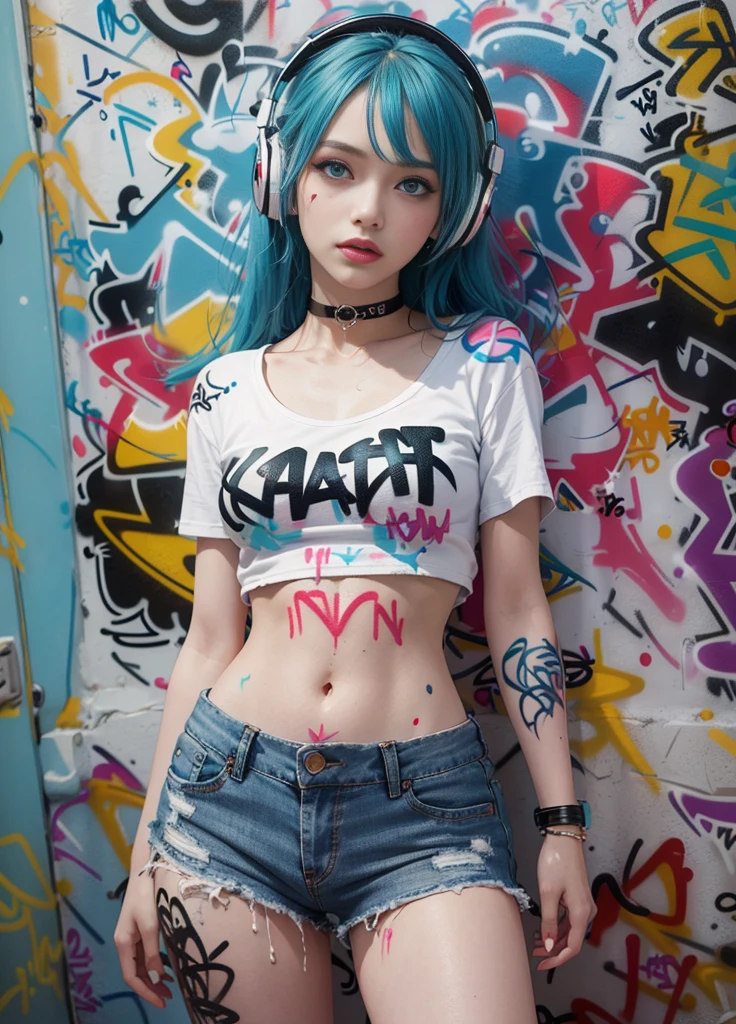 masterpiece, best quality, 1girl, solo, crop top, shorts (plain white t-shirt) jeans, choker, (graffiti:1.5), paint splatter, arms behind back, against wall, facing viewer, bracelet, thigh strap, body paint, head bowed, bored, multicoloured hair, aqua eyes, headphones,