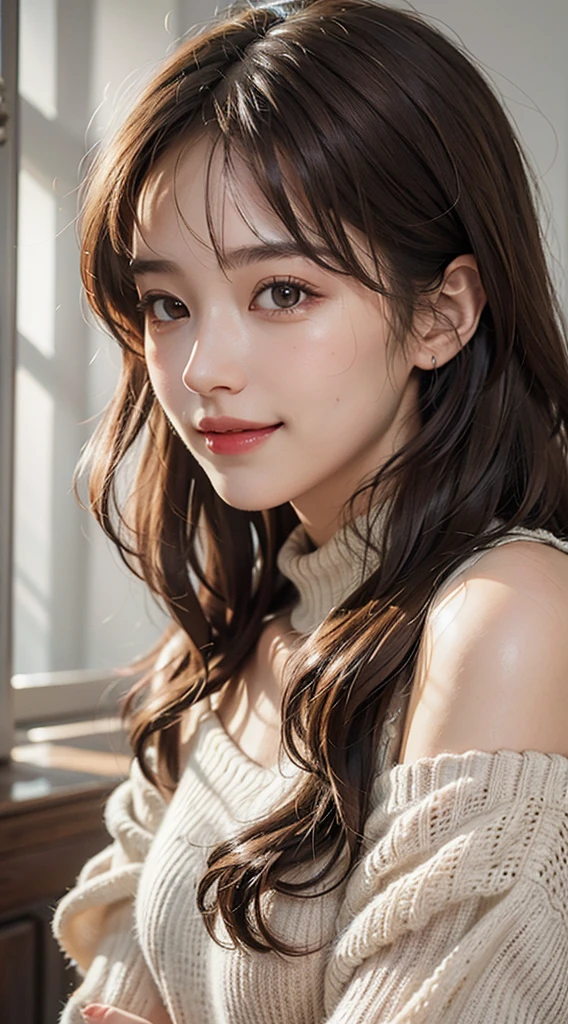 best quality, masterpiece, ultra high res, photorealistic, 1girl, offshoulder, smile, oversized_sweater, soft lighting, detailed skin,brown hair