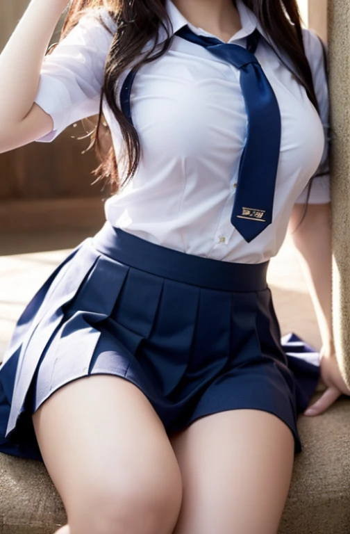 photorealistic, (masterpiece, best quality:1.2), 1girl, solo, sitting on school chair, school desk, classroom, sailor uniform, sailor collar, short sleeve, red ribbon-tie, pleated mini skirt, flat chest, (muscular, plump:1.3), short hair,