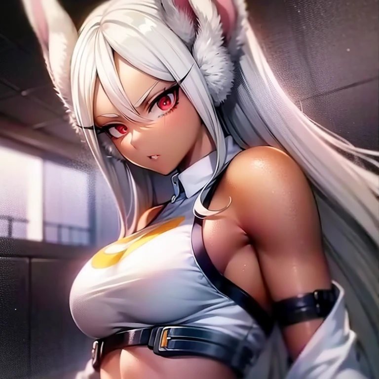 scan, (extremely detailed CG unity 8k wallpaper:1.1), highres, ambient light, (1girl), mirkomha, boku no hero academia, rabbit ears, ((dark skin)), red eyes, (white hair, long hair), large breasts, ((wearing white tight cheongsam)))