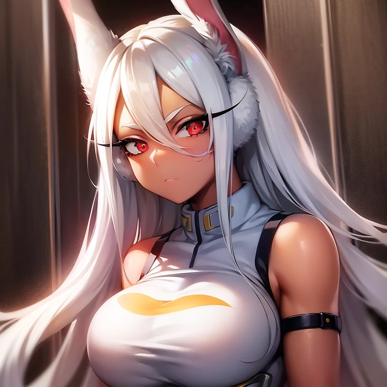 scan, (extremely detailed CG unity 8k wallpaper:1.1), highres, ambient light, (1girl), mirkomha, boku no hero academia, rabbit ears, ((dark skin)), red eyes, (white hair, long hair), large breasts, ((wearing white tight cheongsam)))