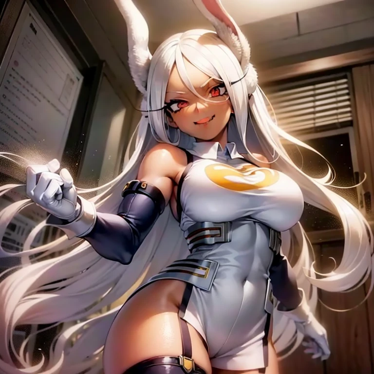 scan, (extremely detailed CG unity 8k wallpaper:1.1), highres, ambient light, (1girl), mirkomha, boku no hero academia, rabbit ears, ((dark skin)), red eyes, (white hair, long hair), large breasts, corset, thighhighs, suspender stockings, scan, (extremely detailed CG unity 8k wallpaper:1.1), highres, ambient light, (1girl), mirkomha, boku no hero academia, rabbit ears, ((dark skin)), red eyes, (white hair, long hair), large breasts, ((wearing white tight cheongsam))), grinning, smile