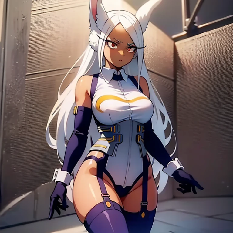 scan, (extremely detailed CG unity 8k wallpaper:1.1), highres, ambient light, (1girl), mirkomha, boku no hero academia, rabbit ears, ((dark skin)), red eyes, (white hair, long hair), large breasts, corset, thighhighs, suspender stockings