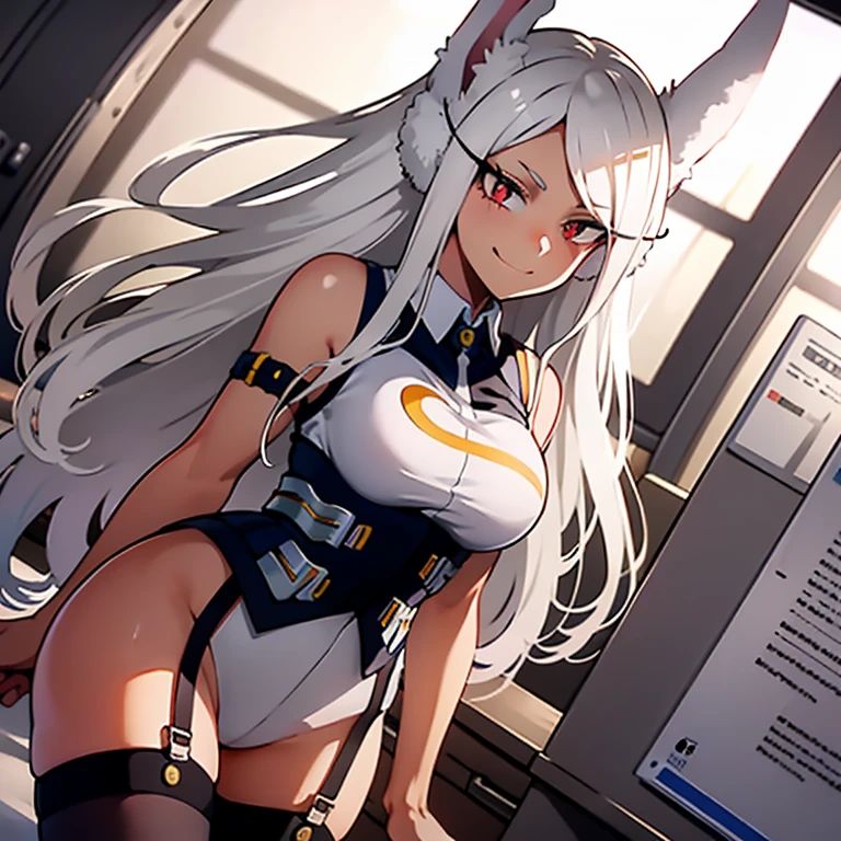 scan, (extremely detailed CG unity 8k wallpaper:1.1), highres, ambient light, (1girl), mirkomha, boku no hero academia, rabbit ears, ((dark skin)), red eyes, (white hair, long hair), large breasts, corset, thighhighs, suspender stockings, grinning, smirk