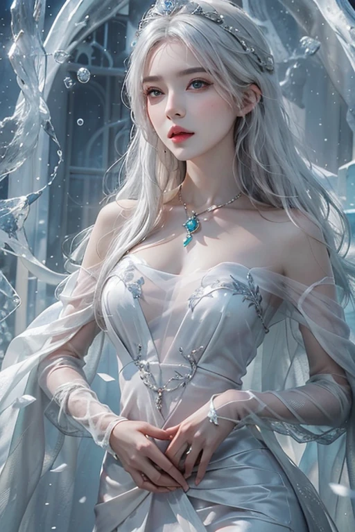 Photorealistic, High resolution, 1womanl, Solo,  up high, view the viewer, (Detailed face), White hair, Long hair, Dress, ice queen, diadems, Jewelry, The tattoo