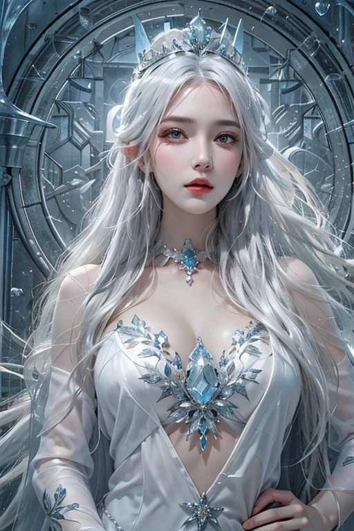 Photorealistic, High resolution, 1womanl, Solo, hips up high, view the viewer, (Detailed face), White hair, Long hair, Dress, ice queen, diadems, jewely,