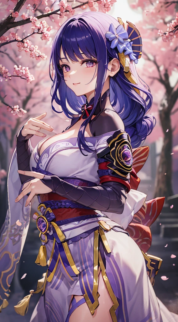 Raiden General，The upper part of the body，ssmile，Be red in the face，Full Moon Night，simple backgound，Under a cherry tree in full bloom，Sakura blizzard，short detailed hair，Skysky，temple，looking at viewert，stairway，mont，moody light，face to the viewer，