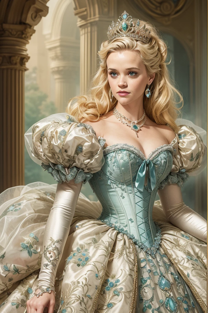 John Tenniel art, Formal and Official Coronation Portrait, Portrait of a stunningly beautiful young blonde Reese Witherspoon as a Queen wearing A Stately and Elaborate Royal Cinderella Court Gown of silver damask, with (((enormous puffed sleeves))), an hourglass waist, and a (((huge crinoline hoopskirt))) adorned with bows, poufs, ruffles, frills, lace, embroidery, and jewels, long white gloves, pearl necklace and earrings