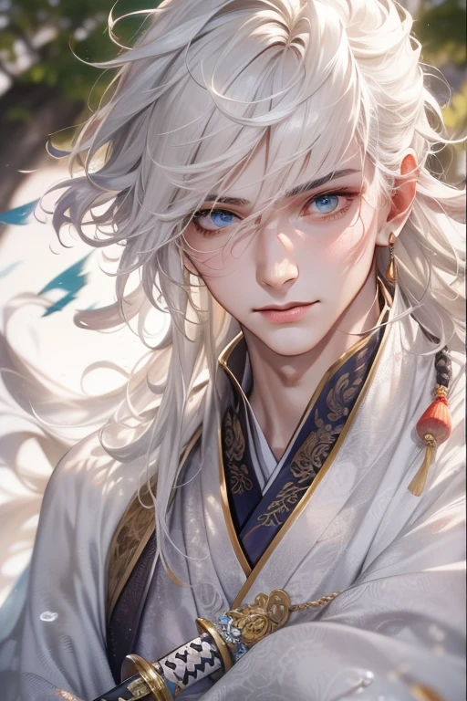 (A teenage man wields a Chinese sword),(cool guy), Hanfu, ink surround,Surrounded by wind, Realistis, Clear face, The eyes are clear and bright, high detal, 电影灯光, motionblur, Ray traching, reflective light, (closeup cleavage), tmasterpiece, Best quality at best, high qulity, Anatomically correct, ctextured skin, high detal, super detailing, 1080p, hyper HD, k hd,A boy with,whaite hair, eBlue eyes, Antique man, swordsmen, long whitr hair,, 鎖骨, Wear a necklace，Traditional Hanfu, Gorgeous costumes, Xianxia, fantasy, gentleness, Dragon Totem, Glows skin, rainwater, water dripping, White coat,Pure desire,Young man,The light is gentle,ssmile