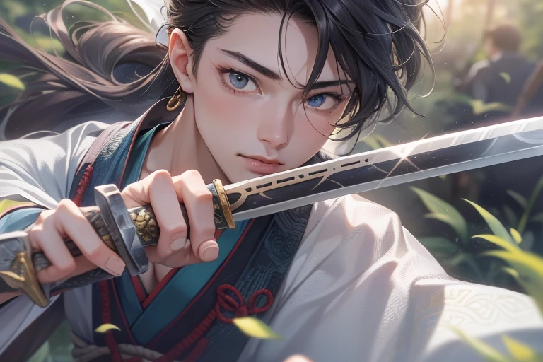(A age man wields a Chinese sword),(cool guy), (Hanfu), ink surround,Surrounded by wind, Realistis, Clear face, The eyes are clear and bright, high detal, 电影灯光, motionblur, Ray traching, reflective light, (closeup cleavage), tmasterpiece, Best quality at best, high qulity, Anatomically correct, ctextured skin, high detal, super detailing, 1080p, hyper HD, k hd
