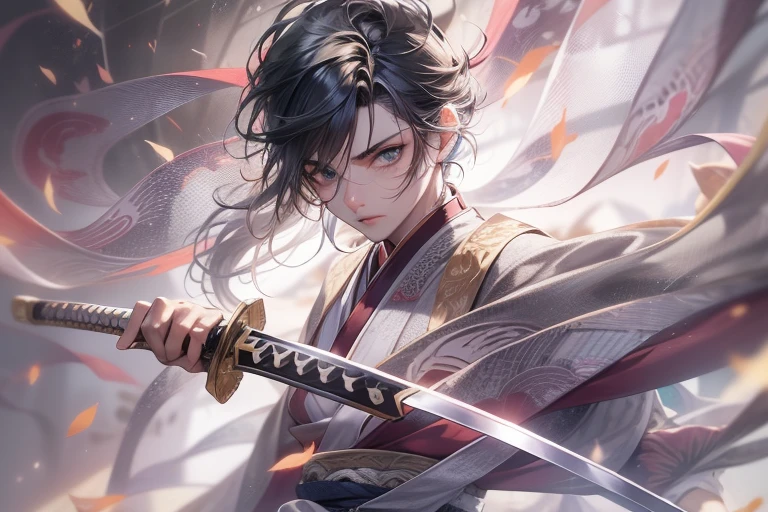 (A teenage man wields a Chinese sword),(cool guy), (Hanfu), ink surround,Surrounded by wind, Realistis, Clear face, The eyes are clear and bright, high detal, 电影灯光, motionblur, Ray traching, reflective light, (closeup cleavage), tmasterpiece, Best quality at best, high qulity, Anatomically correct, ctextured skin, high detal, super detailing, 1080p, hyper HD, k hd