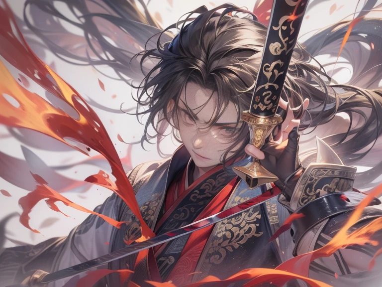 (A teenager brandishes a Chinese sword),(cool guy), Hanfu, Surrounded by ink,surrounded by wind, Single horsetail,actual, Clear face, The eyes are clear and bright, high detal, 电影灯光, motionblur, ray traycing, reflective light, tmasterpiece, Best quality, high high quality, Anatomically correct, ctextured skin, high detal, super detailing, 1080p, hyper HD, k hd