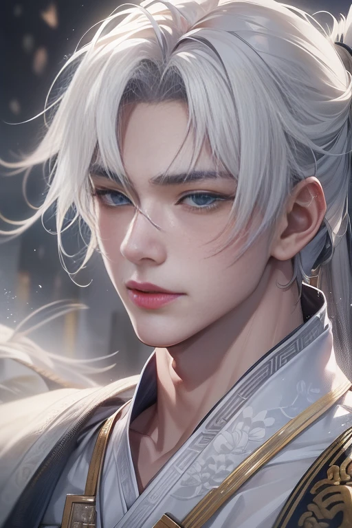 (A teenager wields a Chinese sword),Gentle gaze, With an antique feel, surrounded by ink,surrounded by wind, actual, Clear face, The eyes are clear and bright, high detal, 电影灯光, motionblur, Ray traching, reflective light, (Close-up cleavage), tmasterpiece, Best quality at best, high high quality, Anatomically correct, ctextured skin, high detal, super detailing, 1080p, hyper HD, k hd,A boy with,White hair, eBlue eyes, antique man, swordsman, Long gray hair,, 鎖骨, Wear a necklace，Traditional Hanfu, Gorgeous costumes, xianxia, Fantastical, gentleness, Dragon Totem, Glowing skin, rainwater, water dripping, White coat,Pure desire,Young person,The light is very gentle,ssmile